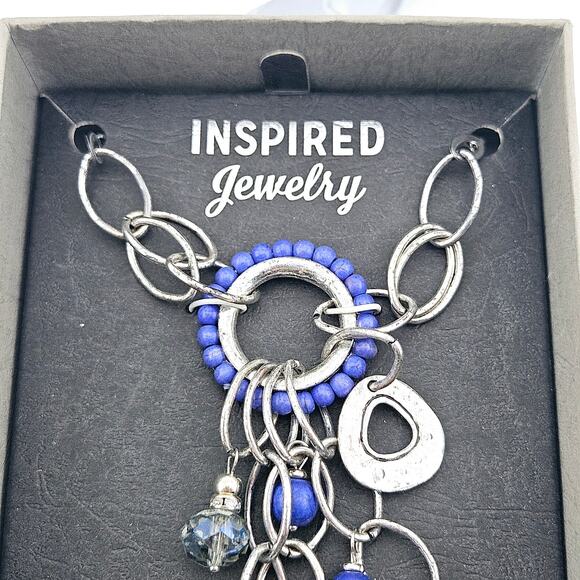 Beaded Drop Dangle Pendant Necklace Navy Blue With Silver Chain Artsy Festival - Picture 2 of 4